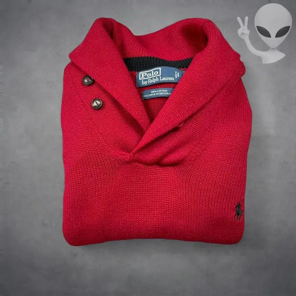 Vintage Polo Ralph Lauren Red Shawl Collar Sweater Black Stripe Medium Preppy - Picture 8 of 8